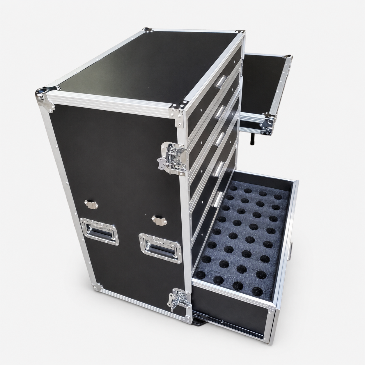 Wireless Microphone Storage Flight Case with 5 Drawers and Fold-Out Side Table