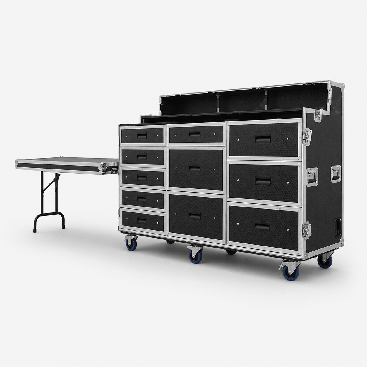 Portable Mobile 11 Drawer Trunk Tool Flight Case with Side Table and Power Socket