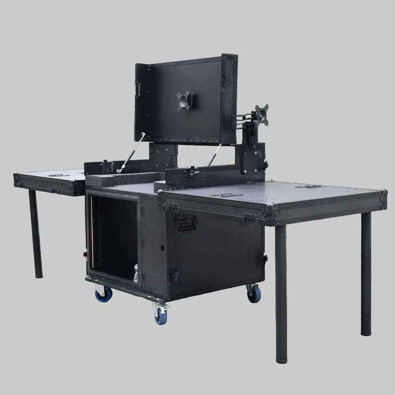 Portable Flight Case Workstation with Monitor Mount Folding Side Tables for Live Event Production and Broadcast Control