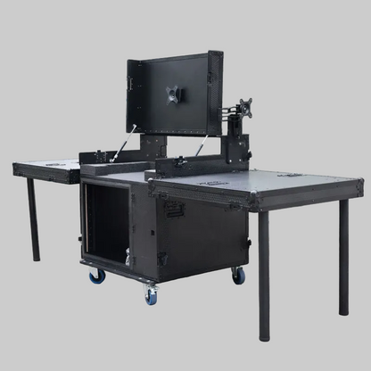 Portable Flight Case Workstation with Monitor Mount Folding Side Tables for Live Event Production and Broadcast Control