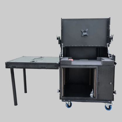 Portable Flight Case Workstation with Monitor Mount Folding Side Tables for Live Event Production and Broadcast Control
