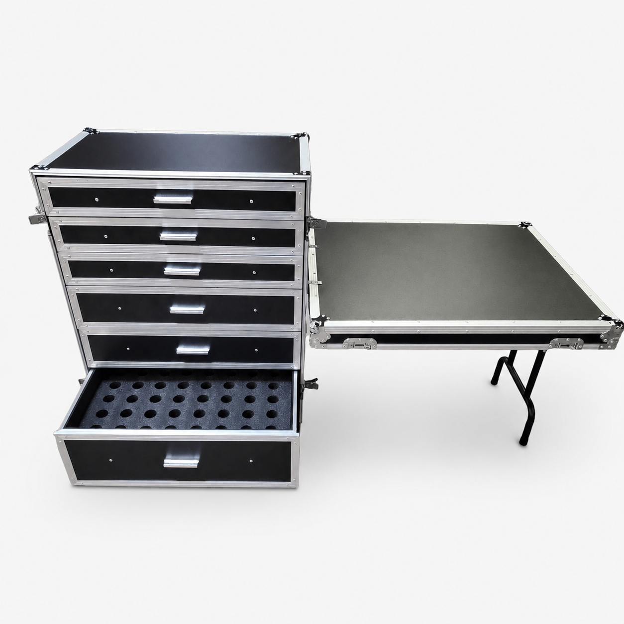 Wireless Microphone Storage Flight Case with 5 Drawers and Fold-Out Side Table