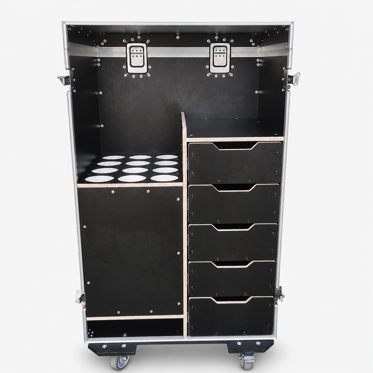 Wireless Microphone Storage Flight Case with Drawers & Fold-Out Table