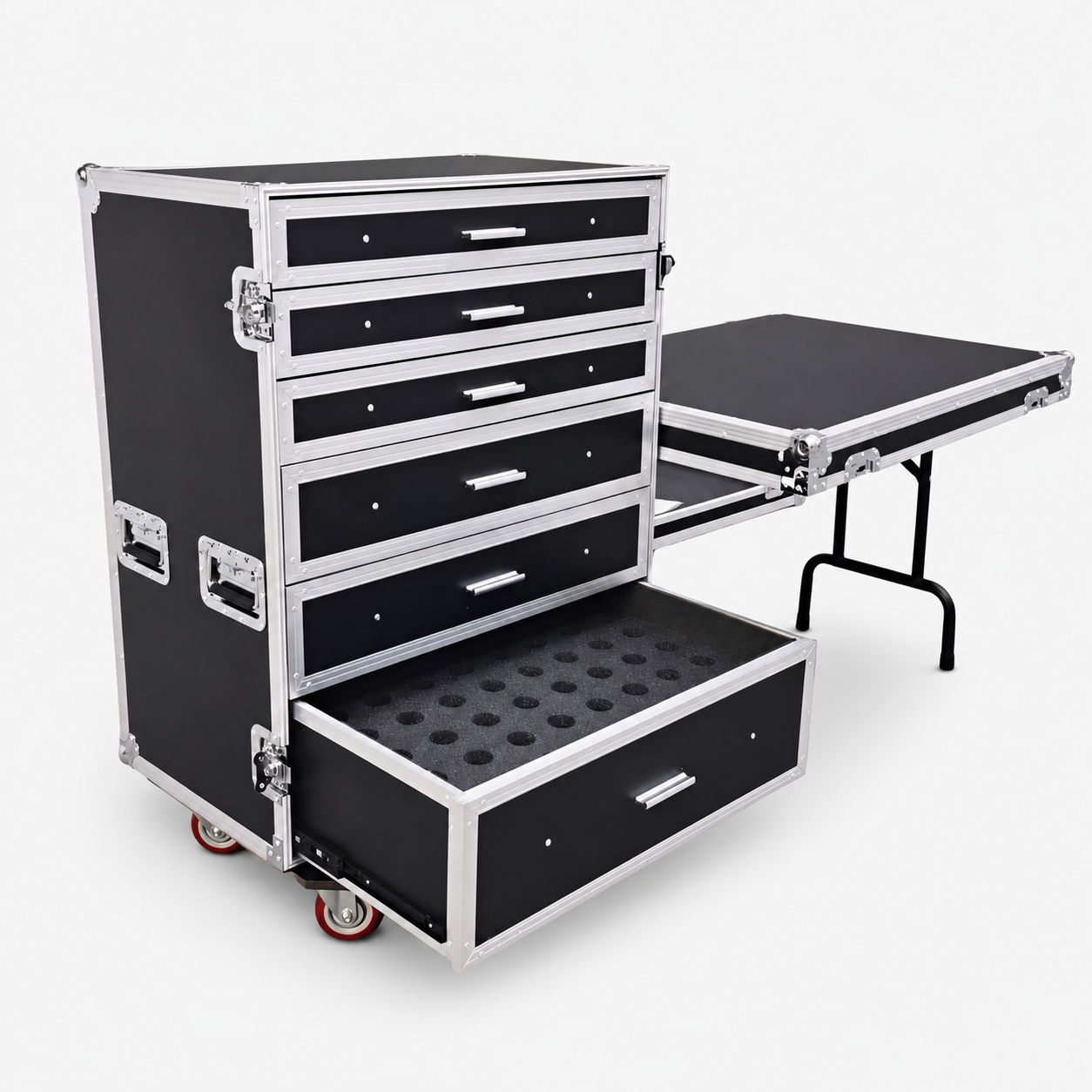 Wireless Microphone Storage Flight Case with 5 Drawers and Fold-Out Side Table