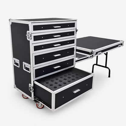 Wireless Microphone Storage Flight Case with 5 Drawers and Fold-Out Side Table