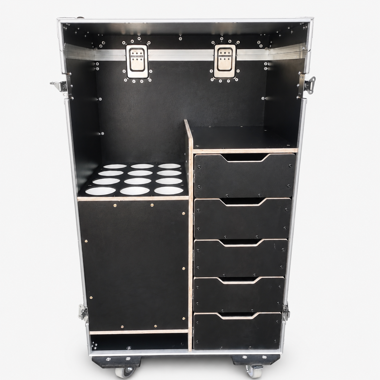 Wireless Microphone Storage Flight Case with Drawers & Fold-Out Table