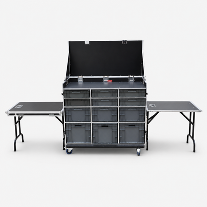 Custom 12-Drawer Workstation Flight Case with Two Side Tables