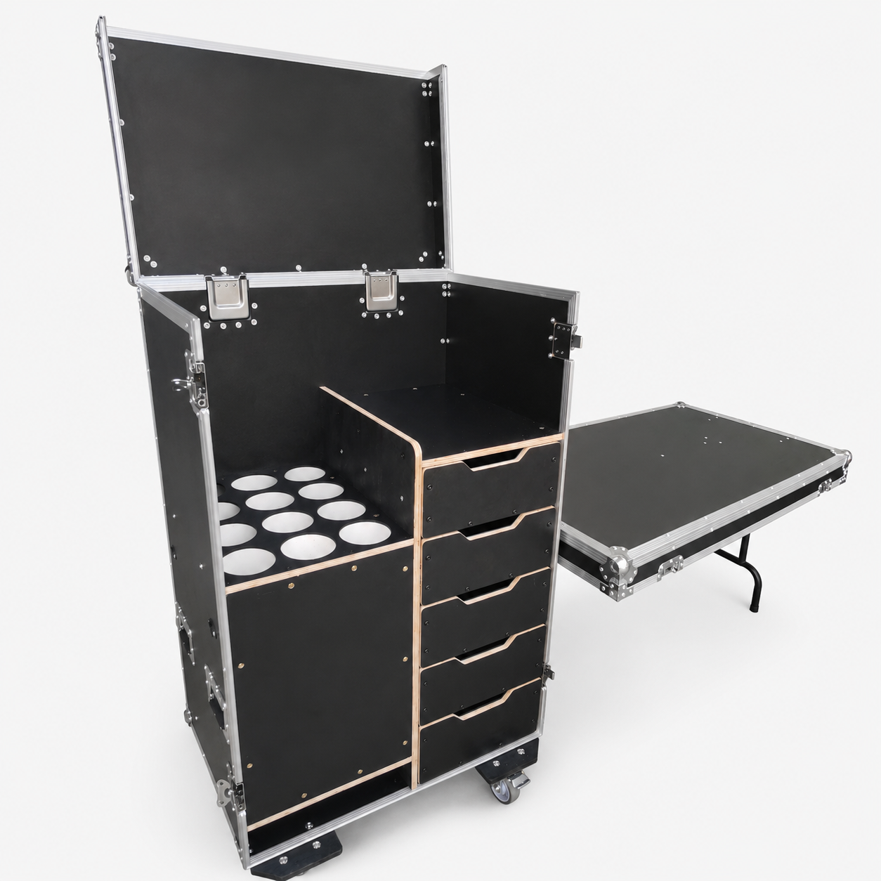 Wireless Microphone Storage Flight Case with Drawers & Fold-Out Table
