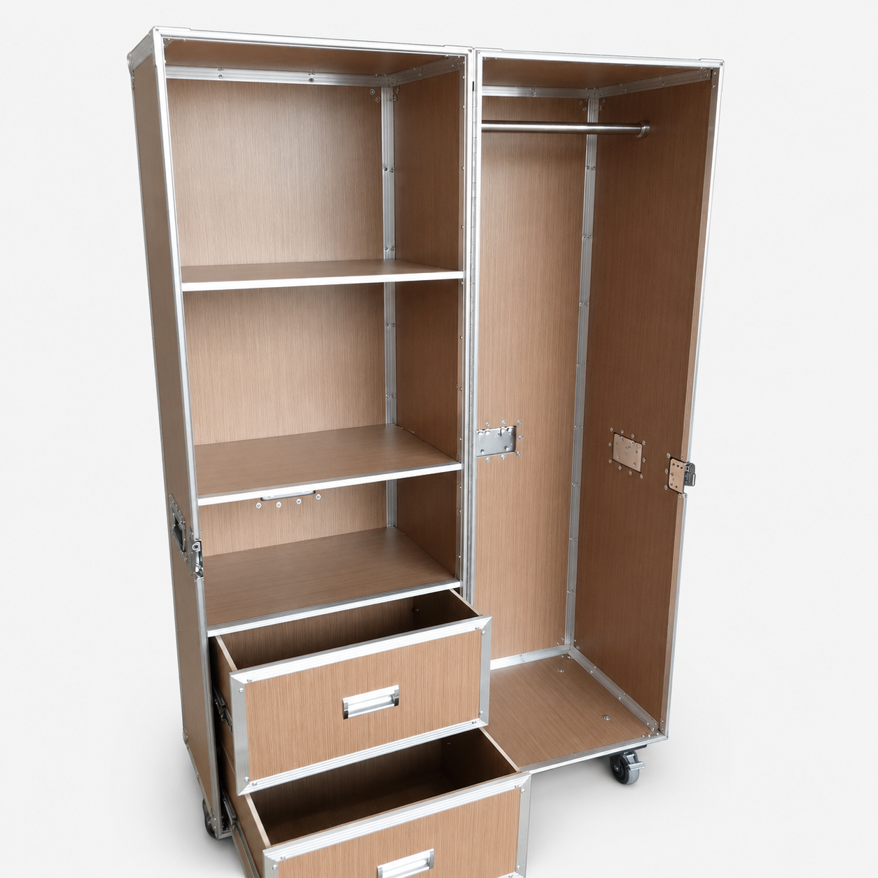 Custom Wardrobe Flight Case with Shelves, Drawers & Hanging Rod