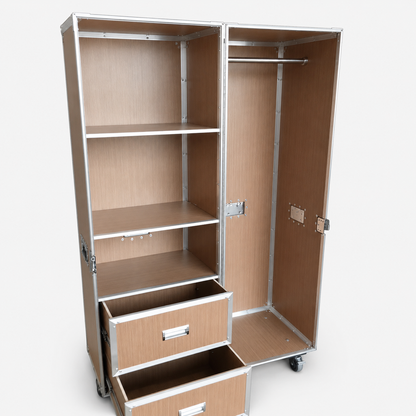 Custom Wardrobe Flight Case with Shelves, Drawers & Hanging Rod