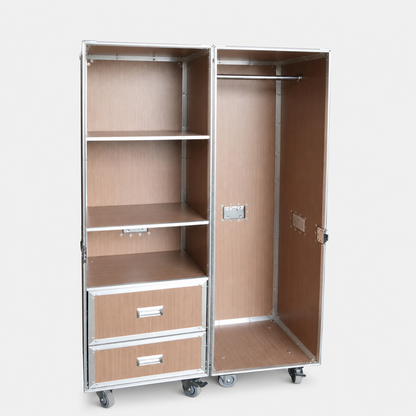 Custom Wardrobe Flight Case with Shelves, Drawers & Hanging Rod