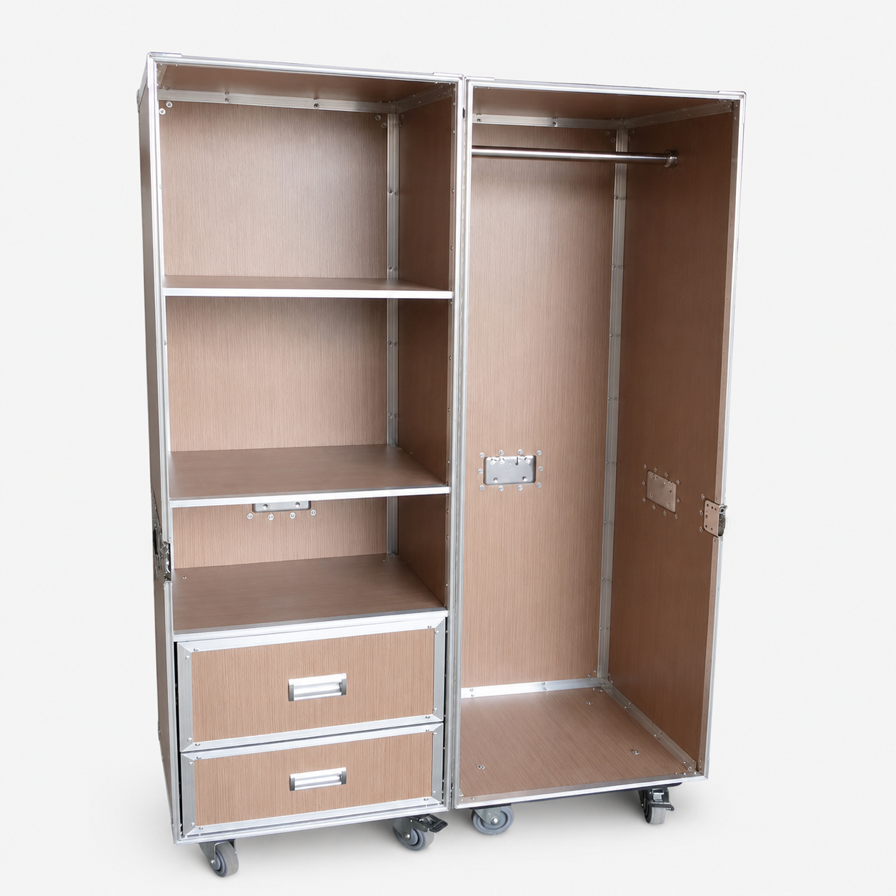 Custom Wardrobe Flight Case with Shelves, Drawers & Hanging Rod