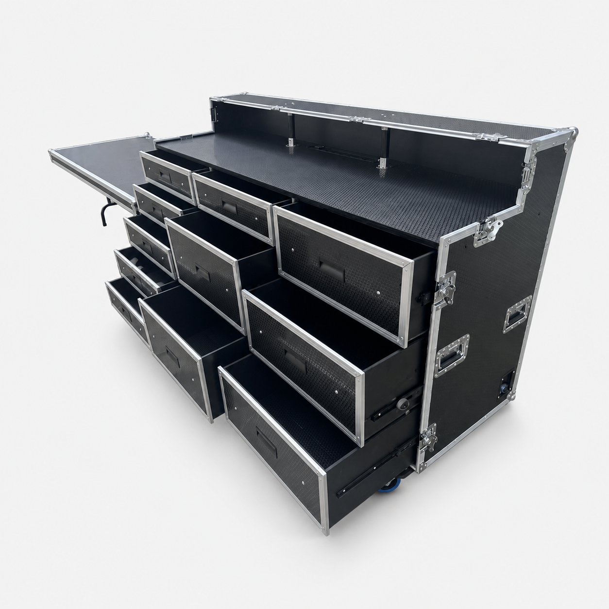 Portable Mobile 11 Drawer Trunk Tool Flight Case with Side Table and Power Socket