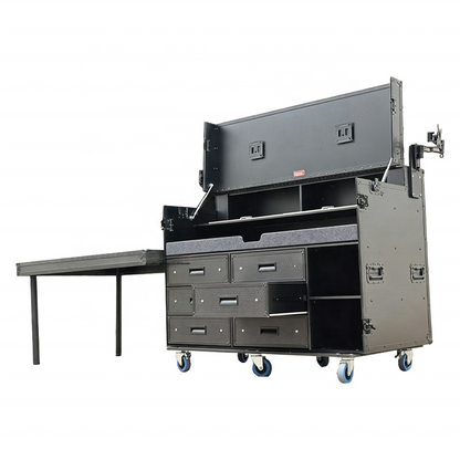 Portable Video Production Flight Case with Dual Monitor Mounts and Pull-Out Drawers for Live Streaming and Broadcast Control