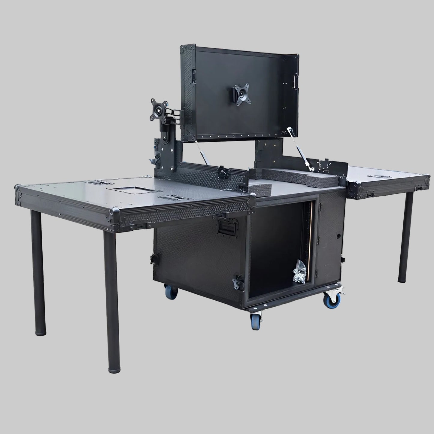 Portable Flight Case Workstation with Monitor Mount Folding Side Tables for Live Event Production and Broadcast Control